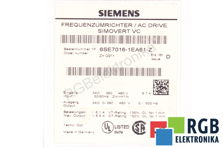6SE7016-1EA61-Z SIEMENS Z:G91+ AC DRIVE SIMOVERT