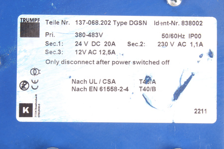 137-068.202 TRUMPF DGNS 838002 483V, 24V, 12V TRANSFORMATORIUS