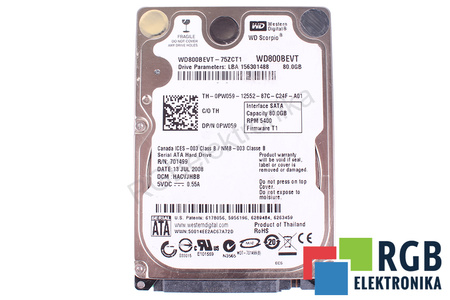 WD800BEVT-75ZCT1 WESTERN DIGITAL WD SCORPIO WD800BEVT 80GB, SATA, 2.5", HDD