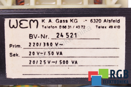 BV-NR.24521 WEM 220/380V, 20/25V TRANSFORMATORIUS
