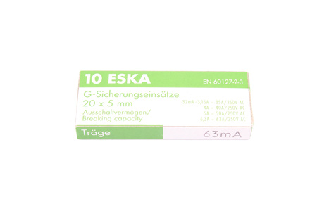 LĖTO VEIKIMO SAUGIKLIS 522.505 ESKA ZKT-0.063A 250V, 0.063A, 5X20MM, 10PCS