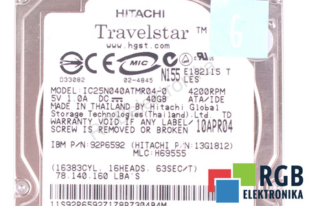 IC25N040ATMR04-0 HITACHI TRAVELSTAR 40GB, ATA, 2.5", HDD