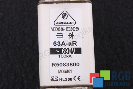SAUGIKLIS HLS00 JEAN MULLER R5083800 VDE0636-IEC60269 63A-AR, 690VAC, 100KA SAUGIKLIS