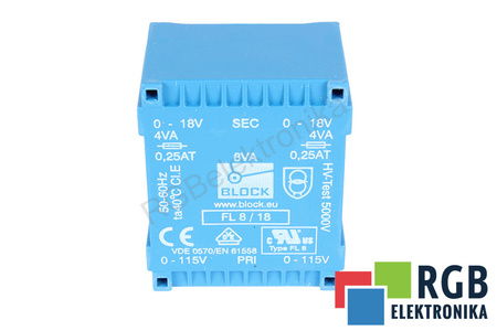 FL8/18 BLOCK 2 X 115V, 2 X 18V, 8 VA, 50HZ / 60HZ TRANSFORMATORIUS