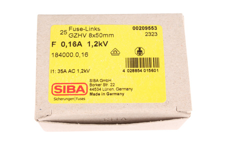 SAUGIKLIS 184000.0.16 SIBA 1200V, 0.16A, 8MM, 50MM