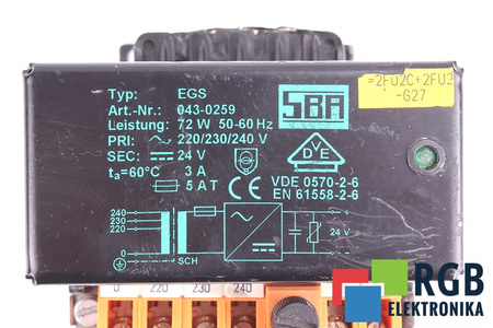 EGS SBA 043-0259 220/230/240V, 24V TRANSFORMATORIUS
