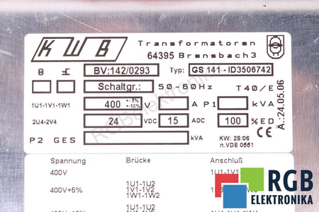 GS141 ID3506742 KWB 142/0293 TRANSFORMATORIUS
